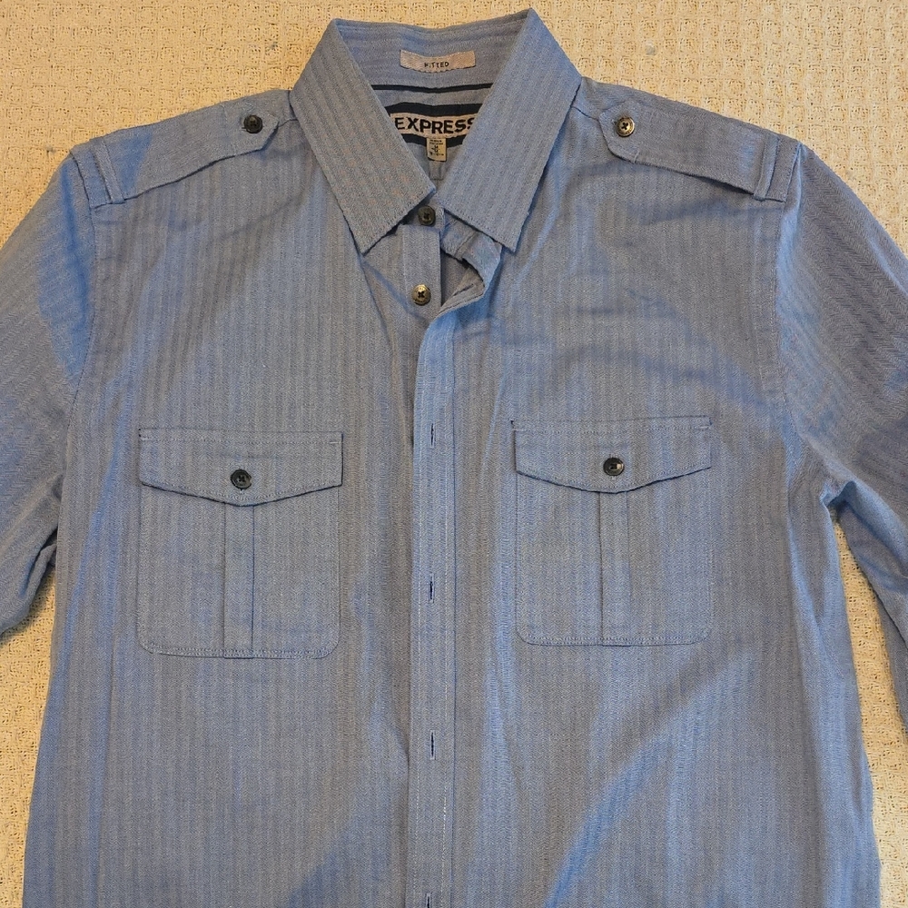 Express Blue Casual Button Down Shirt with Epaulettes